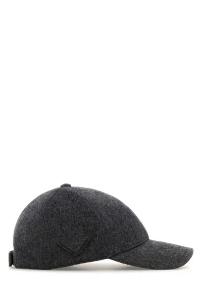 Prada Dark Grey Flannel Baseball Cap In Black