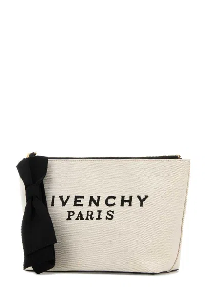 Givenchy Embroidered Logo Cotton Linen Canvas Pouch In White