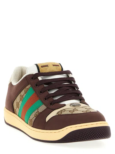 Gucci Leather And Gg Sneakers With Side Stripes In Brown