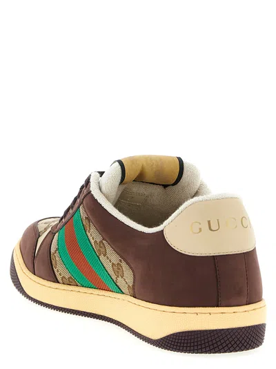 Gucci Leather And Gg Sneakers With Side Stripes In Brown