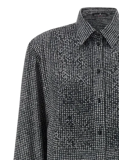 Ermanno Scervino Houndstooth Long Sleeve Rhinestone Shirt In Gray