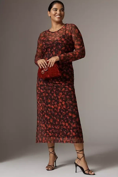 Never Fully Dressed Soho Cherry-print Mesh Midi Dress In Brown