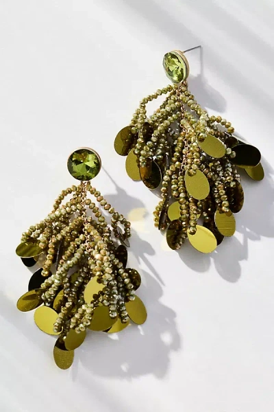 By Anthropologie Colorful Beaded Sequin Fringe Earrings In Green