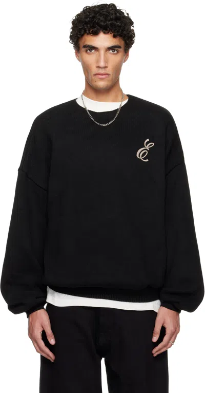 Essentials Black Holiday Embroidered Merino Crewneck Sweater In Black
