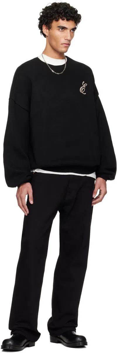 Essentials Black Holiday Embroidered Merino Crewneck Sweater In Black