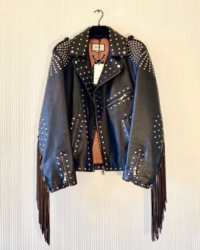 Pre-owned Gucci Studded Leather Biker Jacket With Fringe In Black