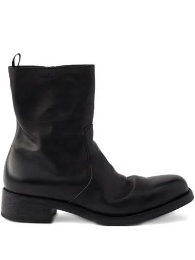 Prada Round Toe Leather Ankle Boots With Block Heel In Black