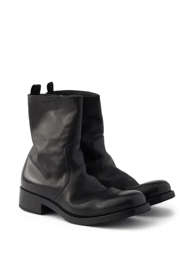 Prada Round Toe Leather Ankle Boots With Block Heel In Black