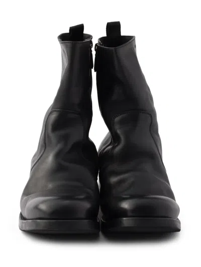 Prada Round Toe Leather Ankle Boots With Block Heel In Black