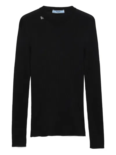 Prada Ribbed Triangle Logo Sweater In Black