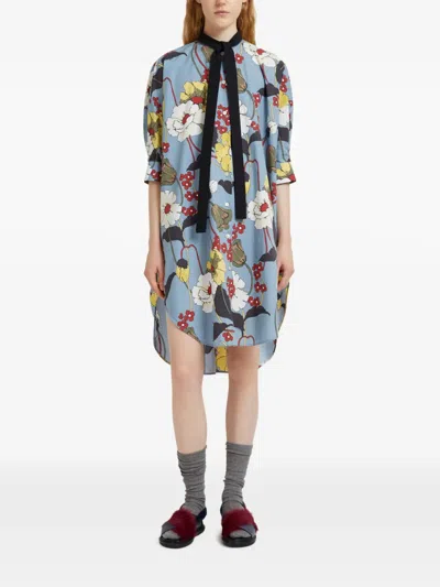 Marni Neck-tie Floral-print Dress In Blue