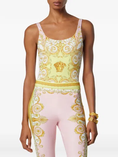 Versace Multicolor One-piece Swimsuit With All-over Medusa Print In Tech Fabric For Women In Yellow