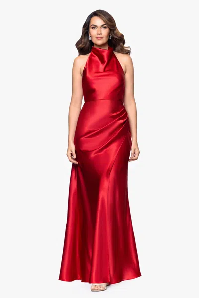Betsy & Adam "antonia" Satin Cowl Halter Neck Rouched Floor Length Dress In Red