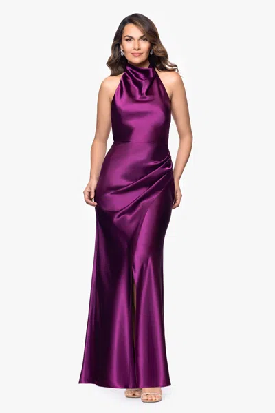 Betsy & Adam "antonia" Satin Cowl Halter Neck Rouched Floor Length Dress In Red