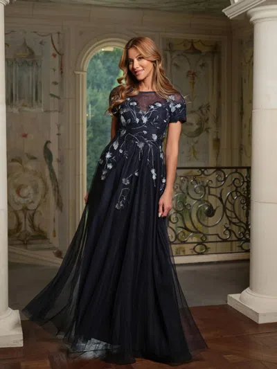 Betsy & Adam "aubrey" Mesh Sequin Embellished Short Sleeve Floor Length Dress In Black