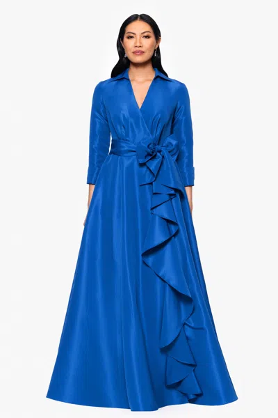 Betsy & Adam Ruffle Detail Taffeta Gown In Blue