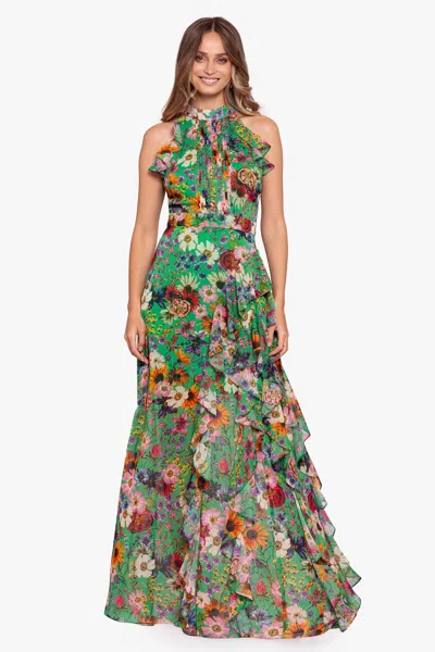 Betsy & Adam "cameron" Long Chiffon Print Halter Flutter Dress In Green