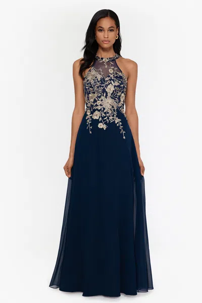 Betsy & Adam "celeste" Long Embroidered Chiffon Gown In Blue