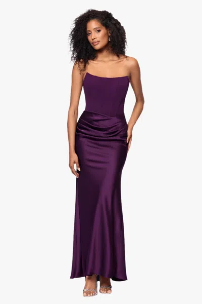Betsy & Adam "debra" Long Strapless Scuba Crepe And Satin Gown In Purple