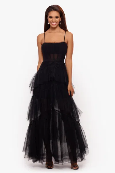 Betsy & Adam "jasmine" Spaghetti Strap Mesh Corset Gown In Black