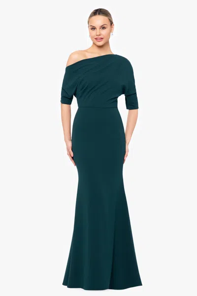 Betsy & Adam "madeline" Long Scuba Crepe Off The Shoulder Drop Dress In Green
