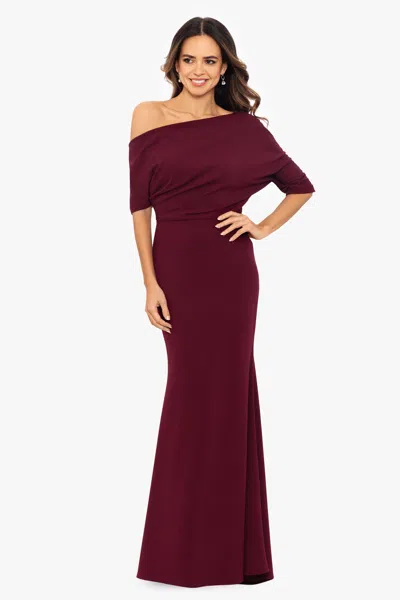 Betsy & Adam "madeline" Long Scuba Crepe Off The Shoulder Drop Dress In Red