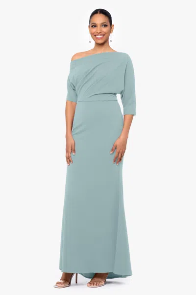 Betsy & Adam "madeline" Long Scuba Crepe Off The Shoulder Drop Dress In Green