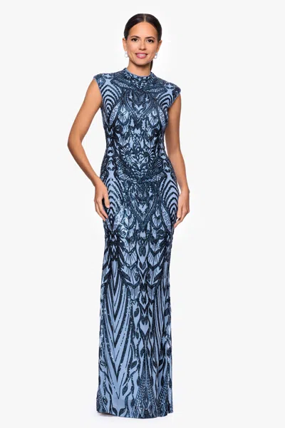 Betsy & Adam "melina" Sequin Placement Embellished Mock Neck Floor Length Dress In Blue
