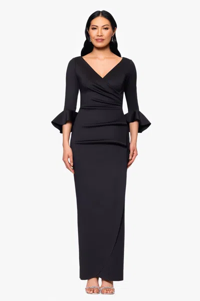 Betsy & Adam "nancy" Scuba Bell Sleeve Floor Length Dress In Black