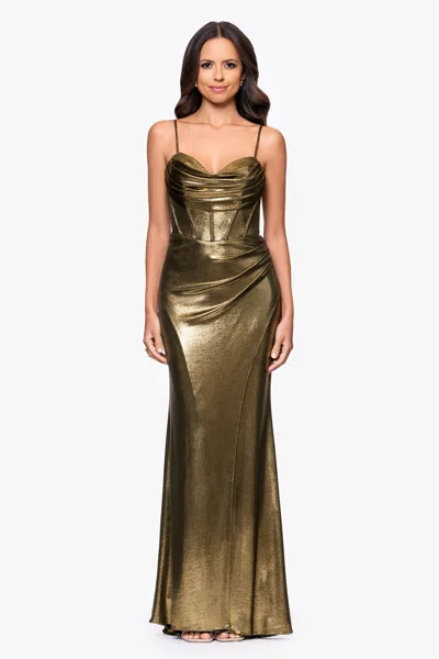 Betsy & Adam "shayla" Metallic Jersey Corseted Floor Length Dress In Gold