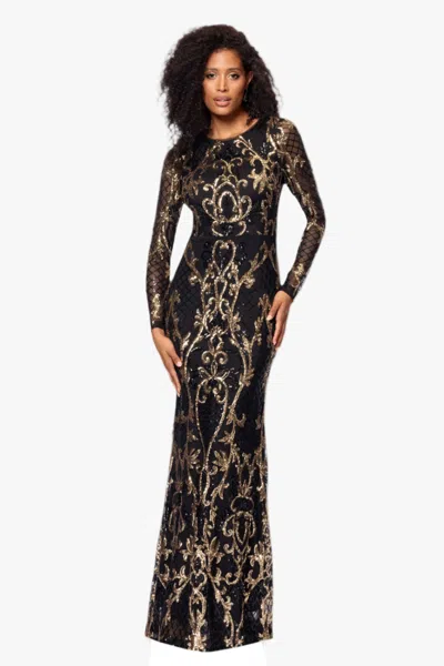 Betsy & Adam Petite "nara" Long Sleeve Sequin Placement Gown In Green