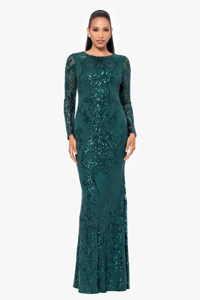 Betsy & Adam Petite "nara" Long Sleeve Sequin Placement Gown In Green
