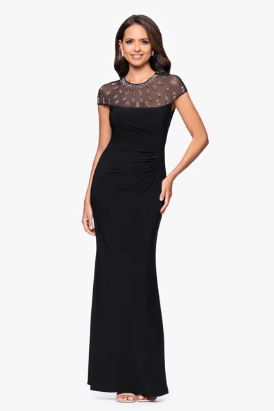 Betsy & Adam Petite "nina" Jersey Knit Embellished Illusion Neckline In Black