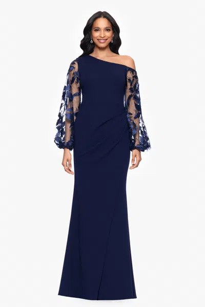 Betsy & Adam Petite "reagan" Scuba Crepe Embroidered Long Sleeve Off Shoulder Floor Length Dress In Blue