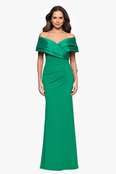 Betsy & Adam Petite "yasmeen" Long Off The Shoulder Scuba Crepe Gown In Green