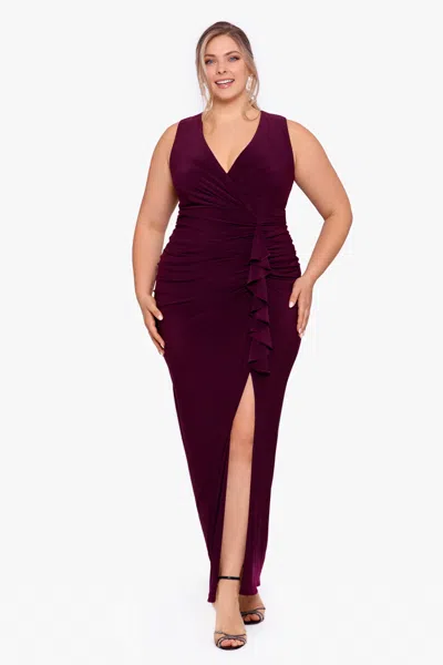 Betsy & Adam Plus "bobbi" Long Ruffled V-neck Gown In Burgundy