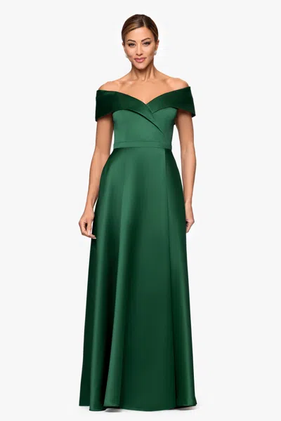 Xscape Evenings "aria" Off The Shoulder Long Satin Front Slit Dress In Green