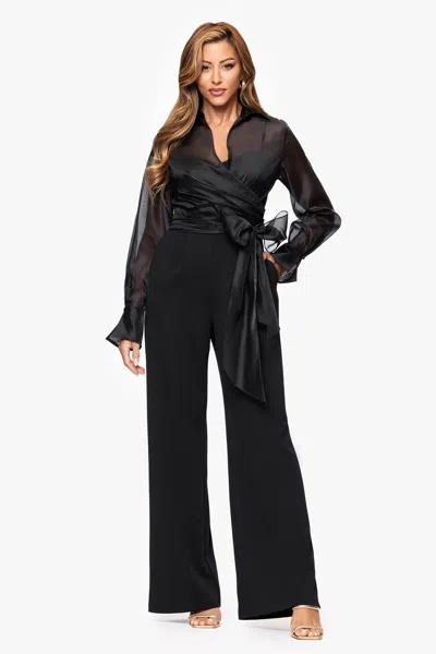 Xscape Evenings Mixed Media Long Sleeve Jumpsuit In Black