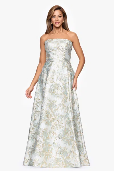 Xscape Evenings "brandy" Brocade Strapless Floor Length Dress In Multi