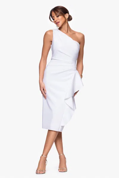 Xscape Evenings "carrie" Techno Scuba One Shoulder Knee Length Ruffle Dress In White