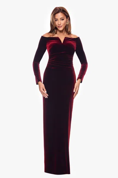 Xscape Evenings Off The Shoulder Long Sleeve Velvet Gown In Black