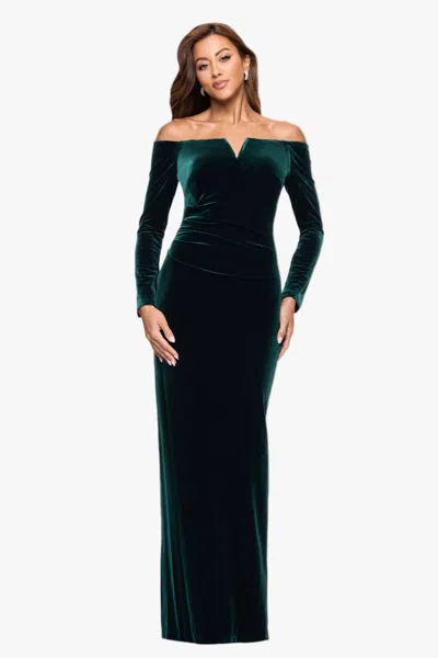 Xscape Evenings Off The Shoulder Long Sleeve Velvet Gown In Black