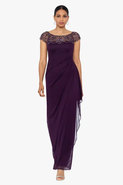 Xscape Evenings "cora" Sheer Matte Jersey Side Ruched Gown In Purple