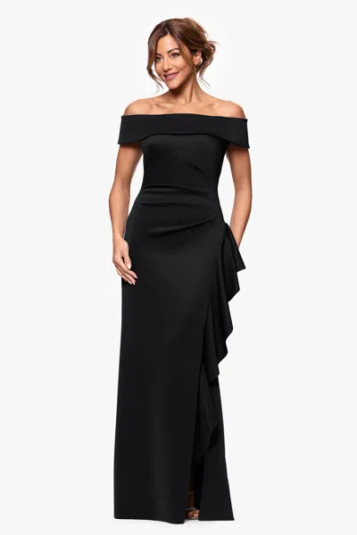 Xscape Evenings Ruffle Off The Shoulder Scuba Knit Gown In Black