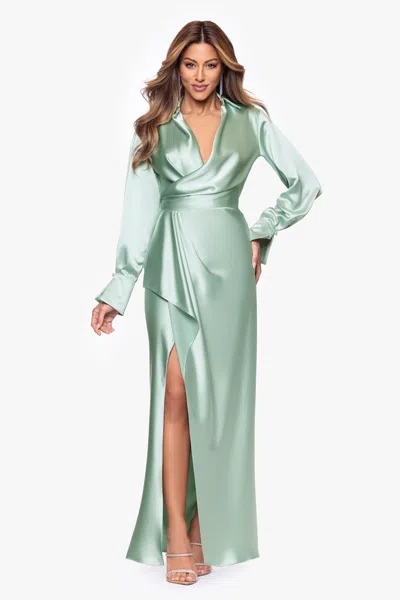 Xscape Evenings "emery" Long Satin Long Sleeve Collared Dress In Multi