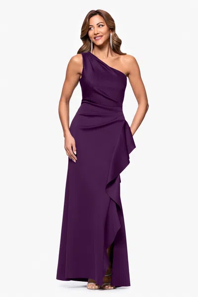 Xscape Evenings One-shoulder Ruffle Scuba Crepe Gown In Black