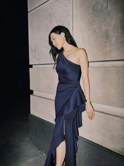 Xscape Evenings "flo" Long Techno Scuba One Shoulder Ruffle Dress In Blue