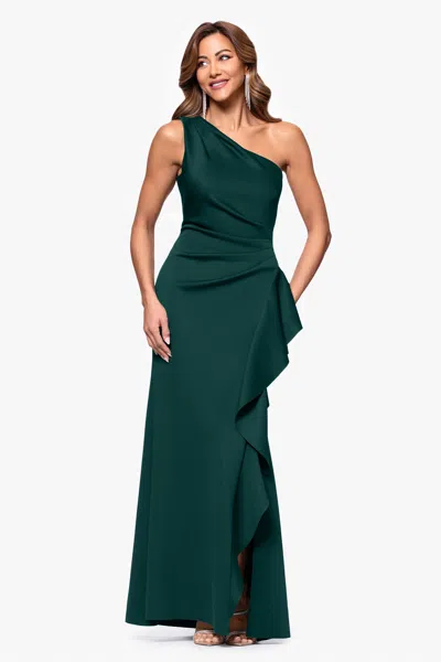 Xscape Evenings One-shoulder Ruffle Scuba Crepe Gown In Green