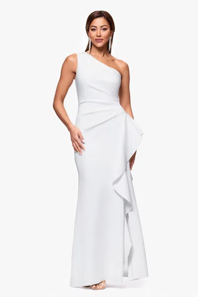 Xscape Evenings "flo" Long Techno Scuba One Shoulder Ruffle Dress In Green