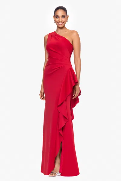 Xscape Evenings One-shoulder Ruffle Scuba Crepe Gown In Blue